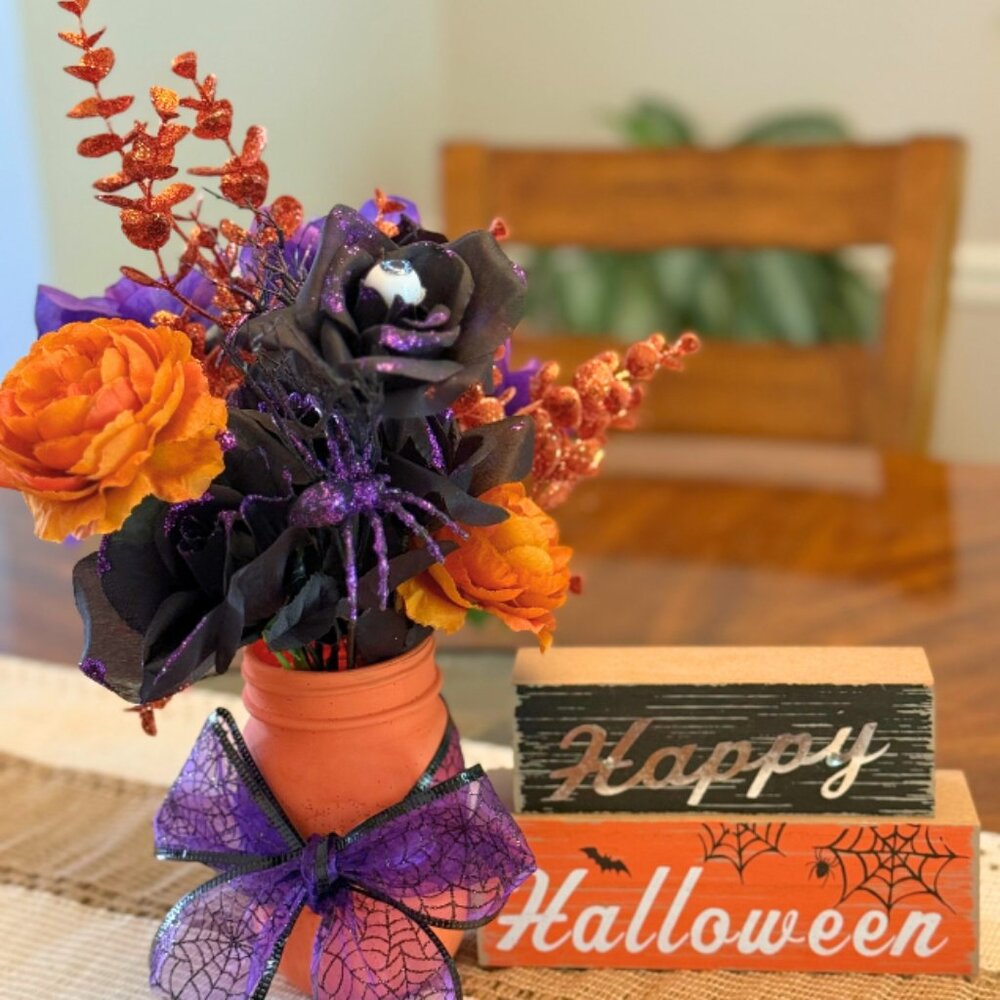 Halloween Faux Floral Arrangement in Mason Jar - Home Holiday Decor